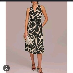 Donna Karan Black and Cream Patterned Midi Dress